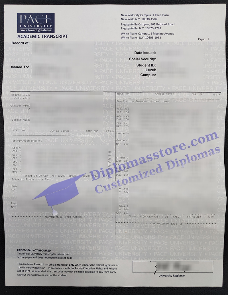 Pace University transcript