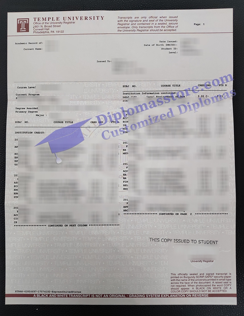 Temple University transcript