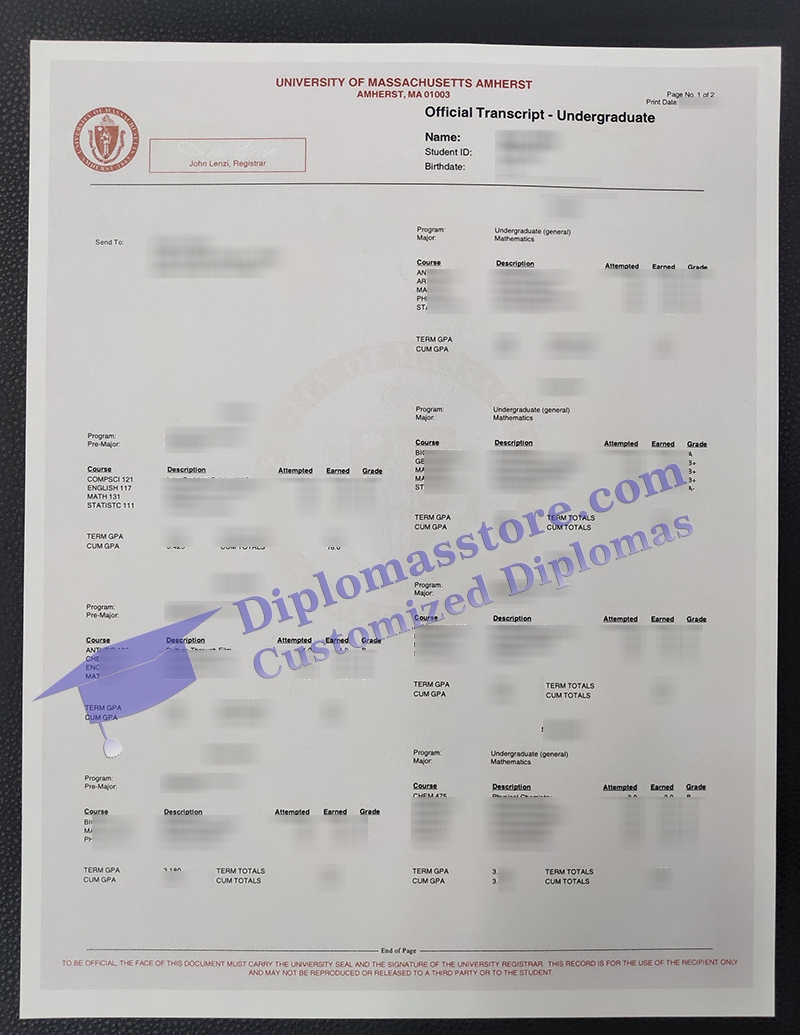 University of Massachusetts transcript, UMass transcript,