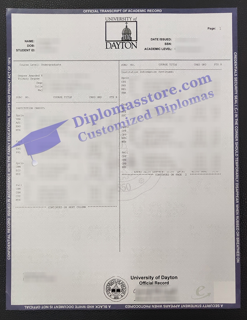 University of Dayton Transcript