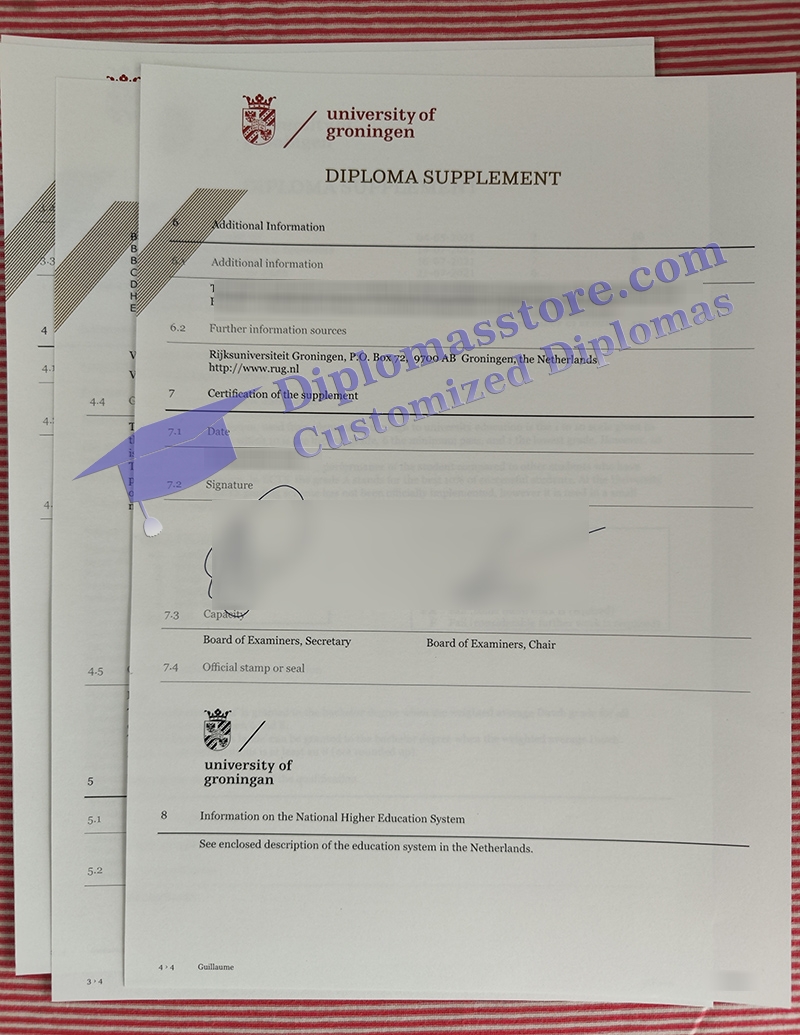 University of Groningen transcript, University of Groningen diploma supplement,