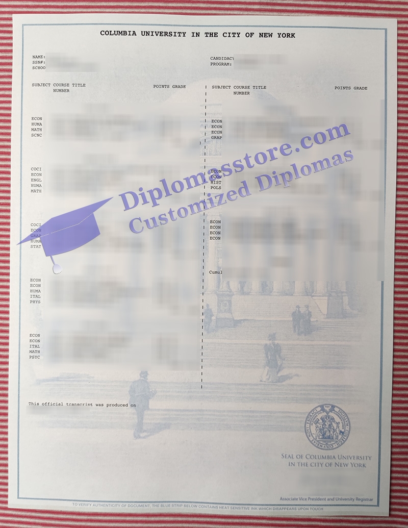 Columbia University transcript, Columbia University certificate,