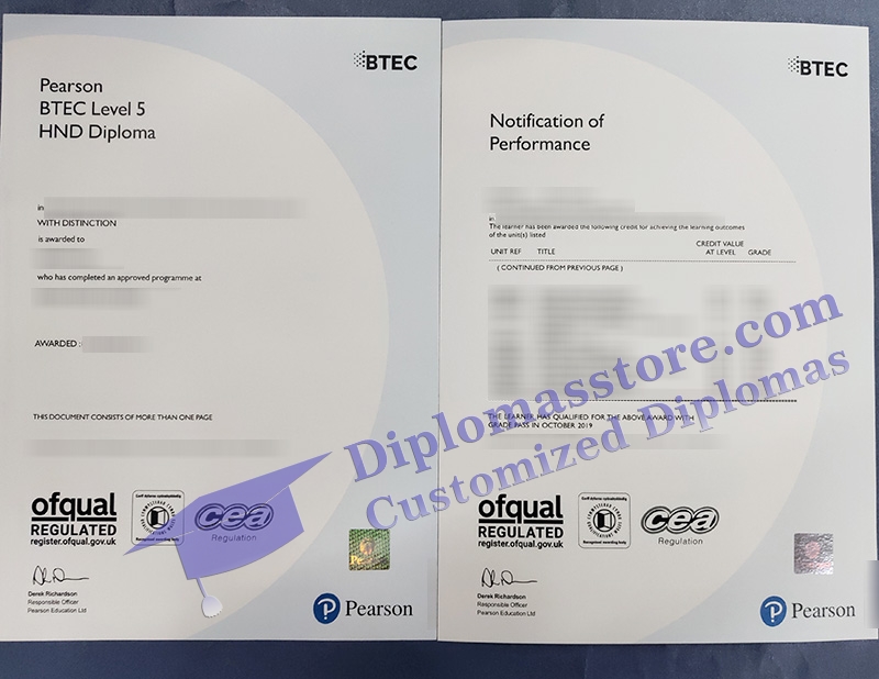 BTEC Higher National Diploma, Pearson HND certificate,