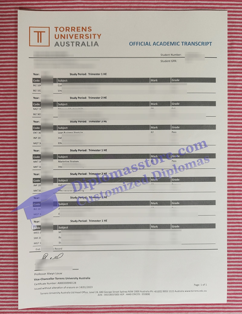 Torrens University transcript, Torrens University certificate,