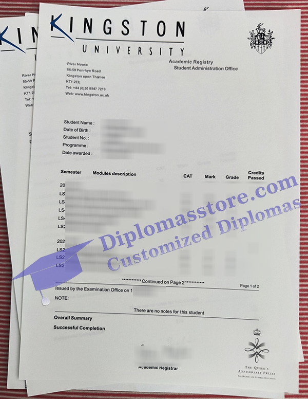 Kingston University transcript