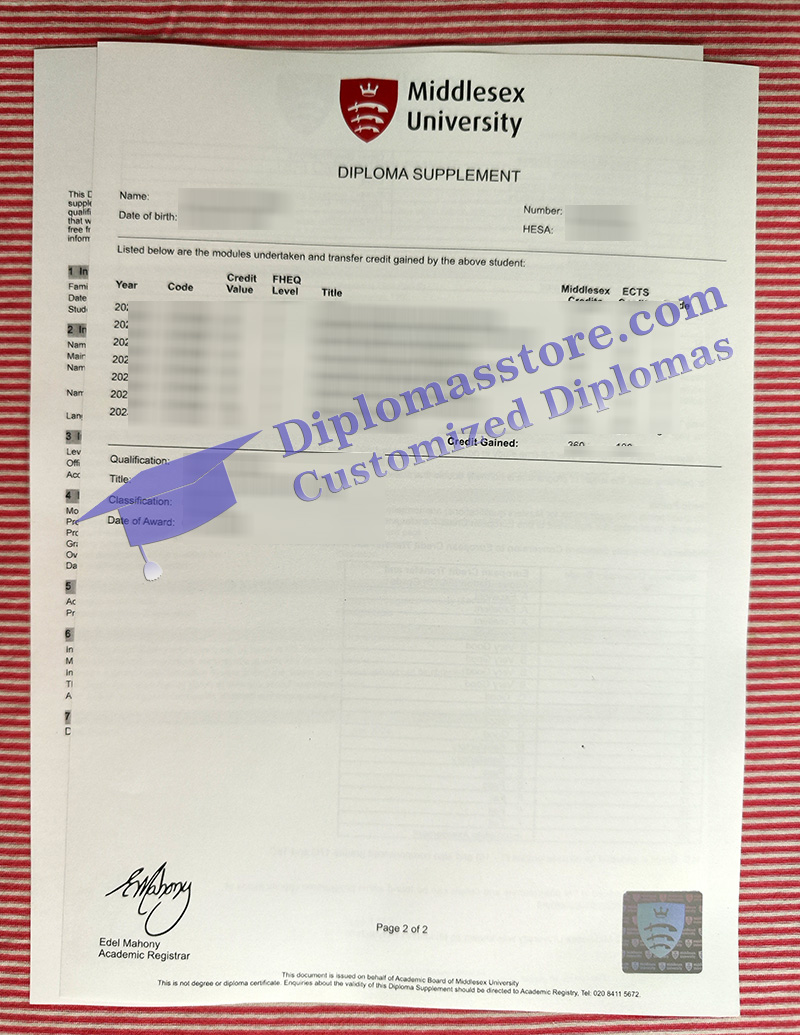 Middlesex University transcript, Middlesex University diploma supplement,