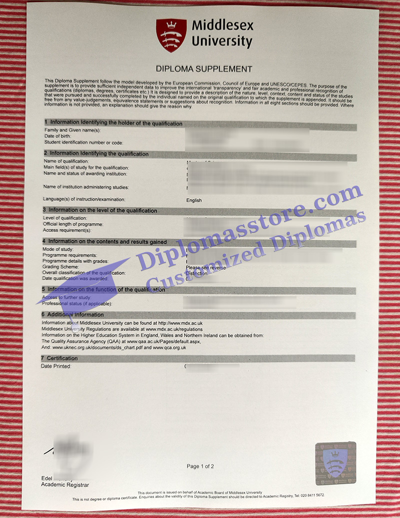 Middlesex University diploma supplement, Middlesex University transcript,