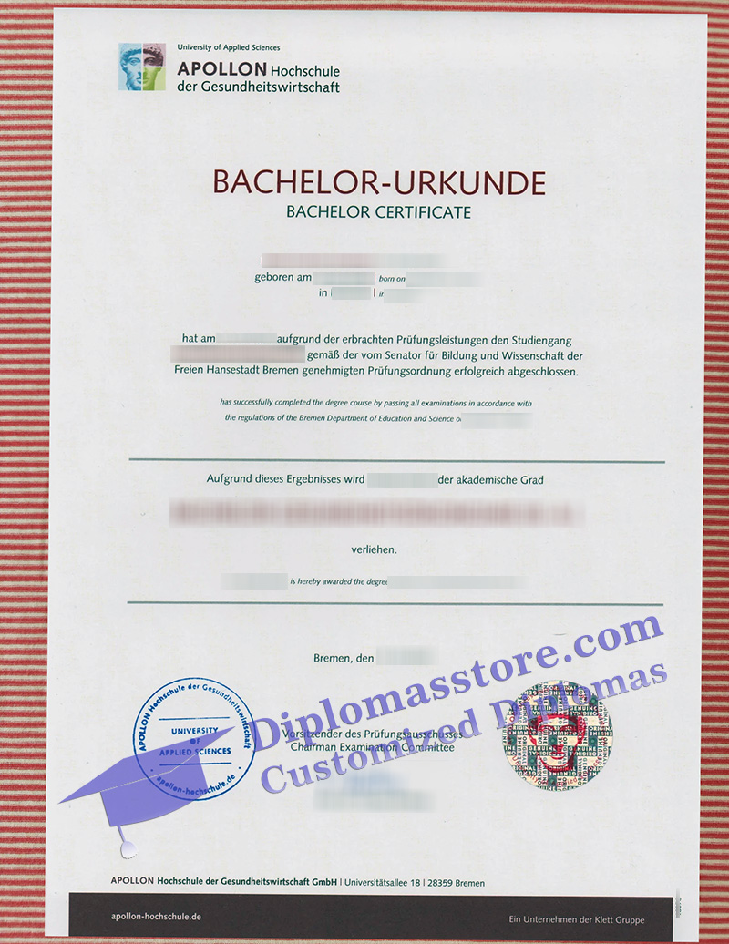 Apollon Hochschule urkunde, Apollon Hochschule der Gesundheitswirtschaft degree,