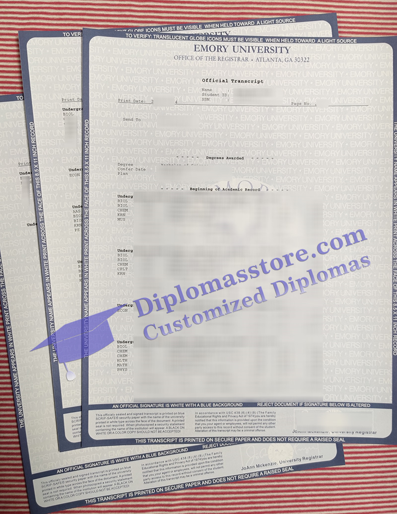 Emory University transcript, Emory University certificate,