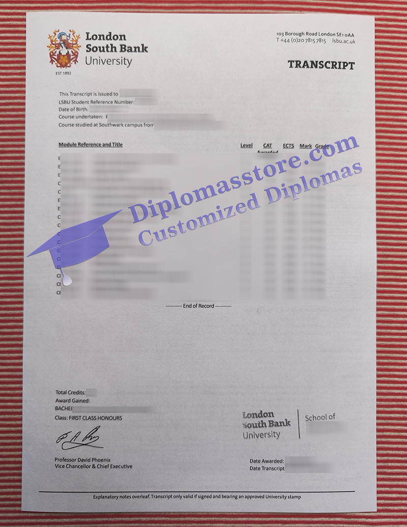 London South Bank University transcript, LSBU transcript,